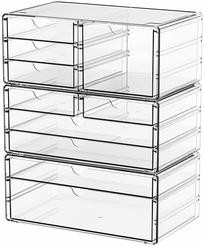 Yieach 3 Pack Clear Storage Drawers With 10 Drawers,Stackable 11.1” Large Acrylic Drawer Organizer and Makeup Organizer 