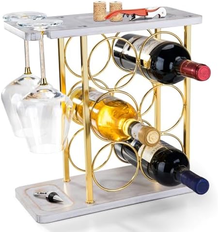 Gold Wine Rack with Glass Holder, Countertop Wooden Wine Holder for 6 Bottles & 2 Glasses, Includes Storage Trays for Co