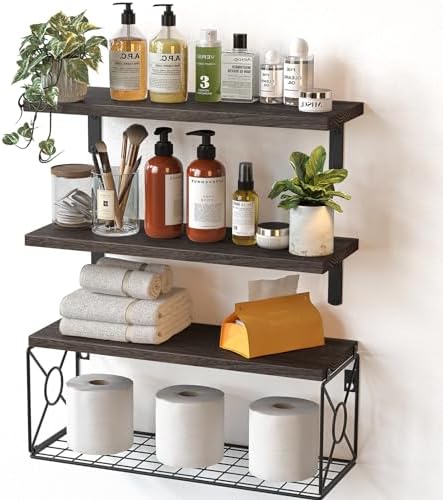 Amada Bathroom Shelves with Storage Basket, Set of 3, Rustic Brown