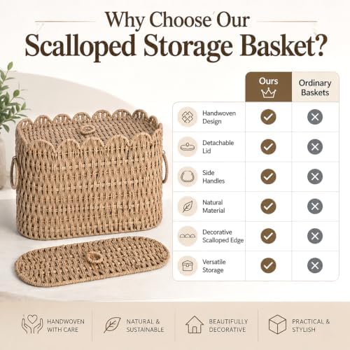 Toilet Paper Wicker Rattan Storage Basket with Handles, Paper rope Slim Toilet Paper Holder with Lid- Holds Up to 9 Mega