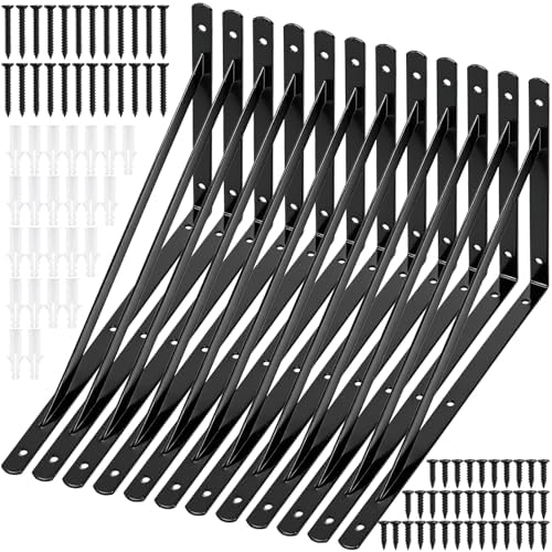 Hiceeden 12 Pack Heavy Duty Shelf Brackets, 12 in X 8 in Wall Mount Steel L Shelf Bracket, Angle Brackets for Floating S