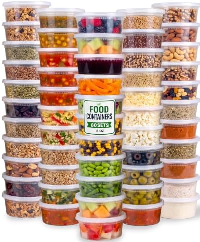 JoyServe 60 Sets (120-Piece) 8 oz Deli Food Containers with Lids for Food, Snacks, Takeout, Meal Prep - 1 Cup Small Durable Clear Containers - Stackable and Durable, Dishwasher & Microwave Safe