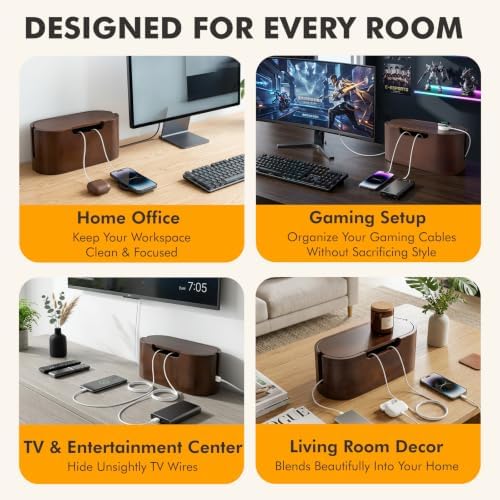 Wooden Cable Management Box with Lid, Decorative Cord Organizer for Power Strip & Charger Cables, Ventilation Holes & Si