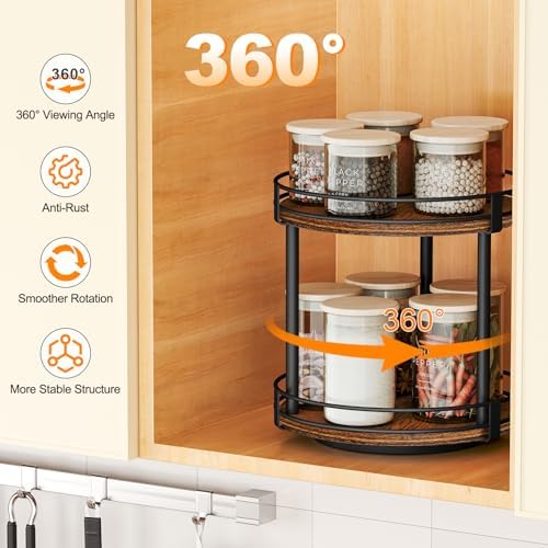 Snughome Rotating Spice Rack, 2 Tier Lazy Susan Organizer, Wood Kitchen Countertop Organizer, Brown Lazy Susan Turntable