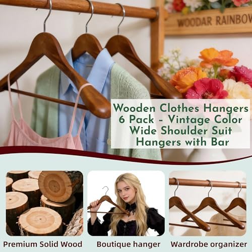 Luxury Wide Shoulder Wooden Suit Hangers with Pants Bar, Classic Solid Wood Jacket Clothes Hangers Smooth Finish for Sweater Dress Pants Sport Coats (Dark Brown, 6 Pack)