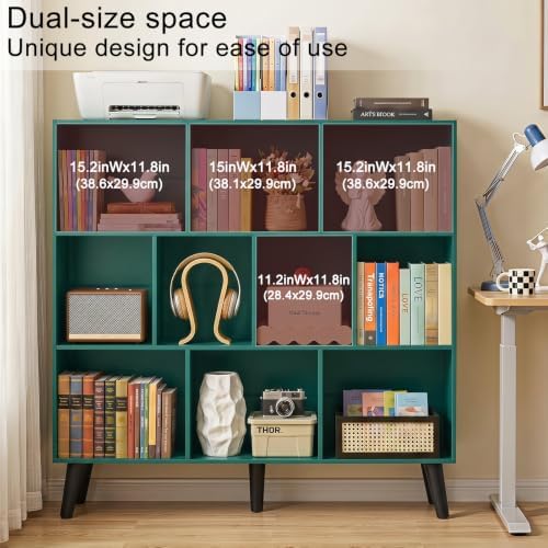 YAHARBO 10 Cube Bookshelf,3 Tier Bookcase with Legs,Dark Green Mid-Century Modern Bookshelves,Large Free Standing Open S
