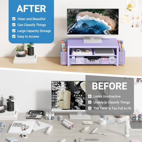 OPNICE Desk Organizers and Accessories, Computer Monitor Stand Riser with Drawer and 2 Pen Holders, Printer & Laptop Sta