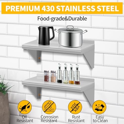 8.6" D x 16" W Stainless Steel Wall Mounted Shelves, 2 Packs Floating Shelving with Brackets, Commercial Shelf Perfect f