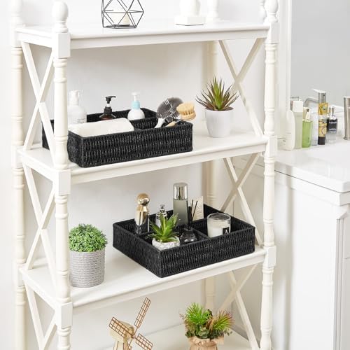 Vagusicc Wicker Divided Storage Basket, Black Wicker Baskets, Basket for Shelves Drawer Organizing, 3 Section Rectangula