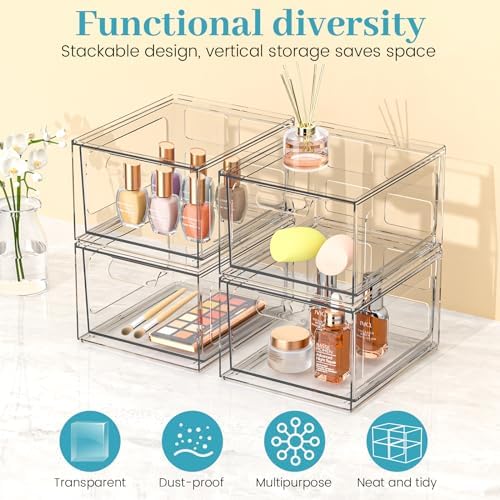 SpaceHacks 4 Pack Stackable Plastic Makeup Organizer Drawers, Acrylic Organizers, Clear Storage Bins with Pull-Out Handl