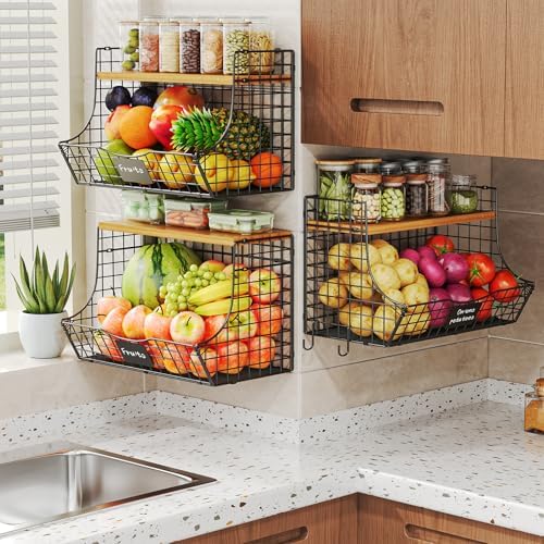 3 Pack Extra Large Fruit Basket for Kitchen with Wood Lid Nameplate - Counter&Wall Mounted Onion and Potato Storage Bin,