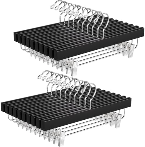 BAGAIL 20 Pack Wooden Pants Hangers with Adjustable Clips, 360°Swivel Hook Space Saving Skirt Holders with Anti-Rust Clips for Trousers, Jeans, Shorts (Black)
