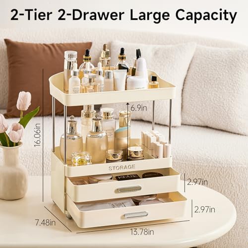 UFORU Bathroom Organizers and Storage | 2-Tier 2-Drawer Makeup Organizer Countertop, Easy to Install & Multi-Purpose - C