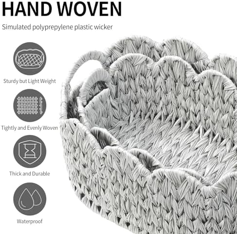 Coeusy Wicker Scalloped Basket Set of 2,Woven Storage Baskets for Shelves,Closet,Laundry,Gift,Towels,Books,Toys,Waterproof Cute Decor Basket for Organizing,Grey