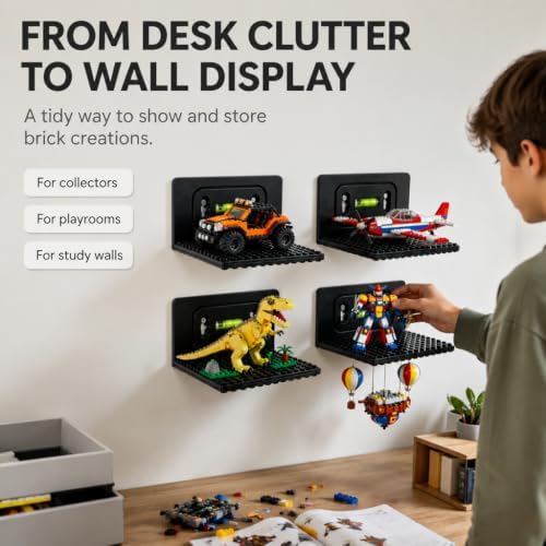 6 PCS Building Blocks Display Shelf Wall Mounted with Built-in Bubble Level, Floating Model Display Stand for Minifigure