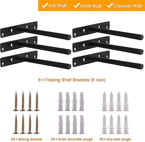 Blind Floating Shelf Brackets 5 Inch - DIY Heavy Duty Wall Shelf Brackets, Solid Steel Matte Black Hidden Support with H