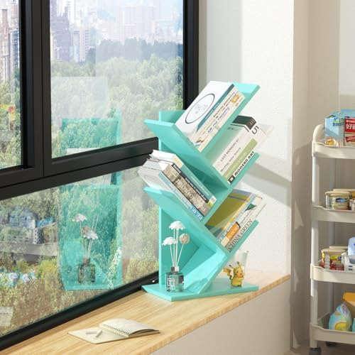 SHEEPAM Small Tree Book Shelf,5 Tier Bookshelf, Wood Desktop Bookcase