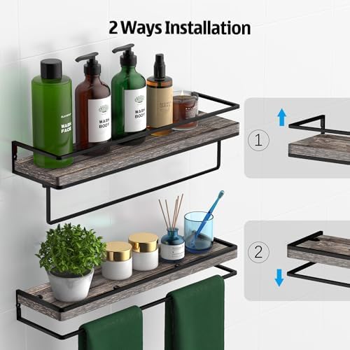 Meangood Floating Shelves Wall Mounted Set of 2, Wall Shelf with Towel Bar Rustic Wood Wall Storage Shelves for Bedroom,