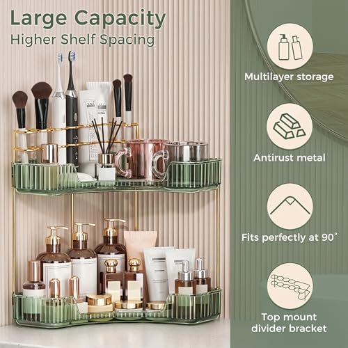 BEFSOP Corner Bathroom Counter Organizer, Upgraded 2-Tier Makeup Organizer Countertop with Makeup Brush Holder, Skincare