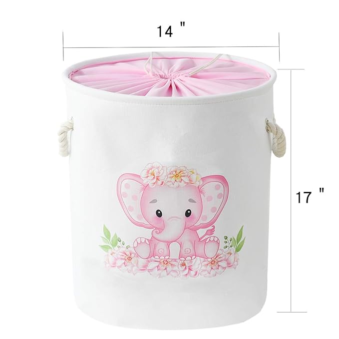 Laundry Baskets Kids Laundry Hamper, Pink Baby Hamper Elephant Basket Large Collapsible Kids Hamper with Handles Waterproof Round Linen Storage Basket for Toddler/Girls (Pink Elephant)