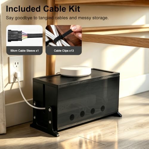 Large Wood Cable Management Box, Black Cord Organizer 14"
