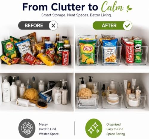 Set of 5 Stackable Fridge Organizers and Storage Bins, 2 Small, 2 Medium & 1 Large Clear Plastic Pantry Organizer Bins w