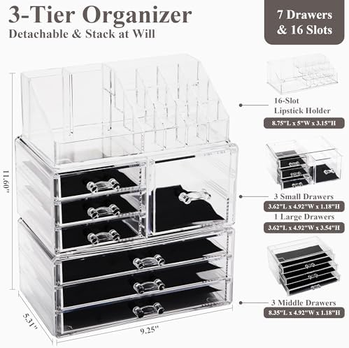 Sea Team 3-Tier Stackable Clear Acrylic Makeup Organizer with Drawers