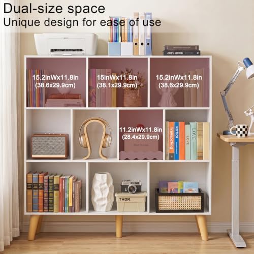 YAHARBO 10 Cube White Bookshelf,3 Tier Book Shelf with Legs,Modern Minimalist Bookcase,Open Book Shelves Storage Organiz