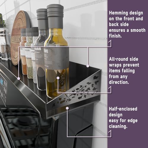 STUTOV 30" Magnetic Stove Top Shelf – Black Stainless Steel Spice Rack and Seasoning Organizer – Kitchen Shelf for Back 