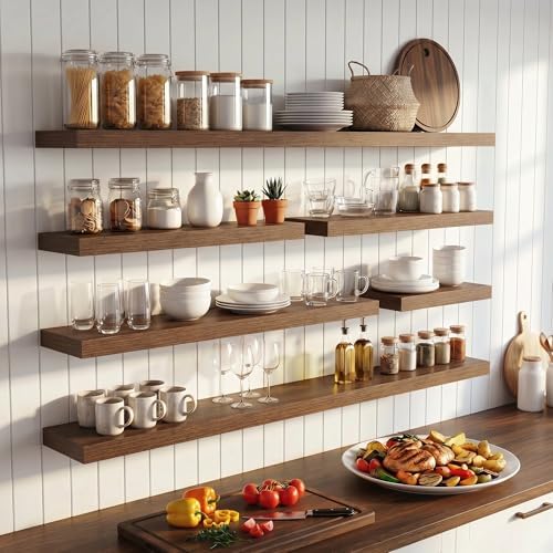 FLYJOE 40 Inch Floating Shelves for Wall Set of 2, 6.5" D Wood Grain Bathroom Shelves with Invisible Brackets, Easy Install Engineered Wood Storage Shelves for Kitchen, Living Room, Bedroom