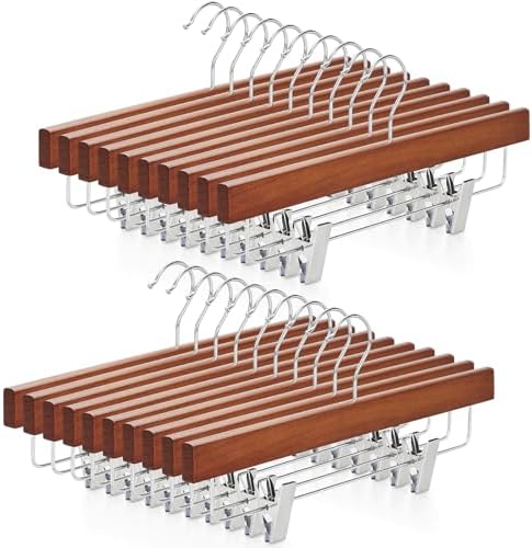 TOPIA HANGER Walnut Wood Pants Hangers, Wooden Skirt Short Jeans Trouser Hanger with Smooth Surface 360° Swivel Hook Anti Rust 2 Adjustable Clips, 20 Pack, CT10PWA20