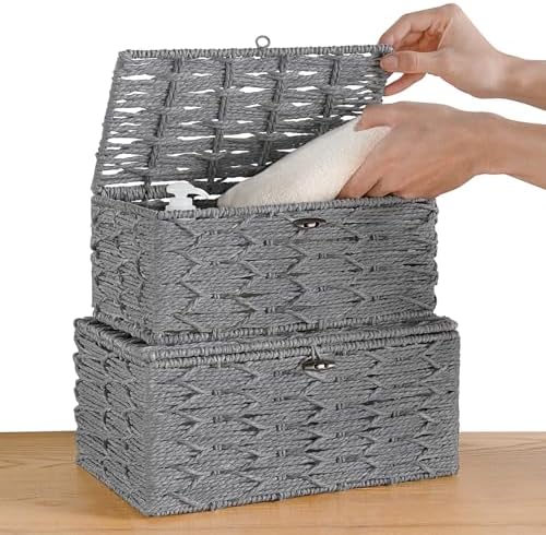 Mkono Storage Basket with Lid, Decorative Bins for Organize, Set of 2 Grey