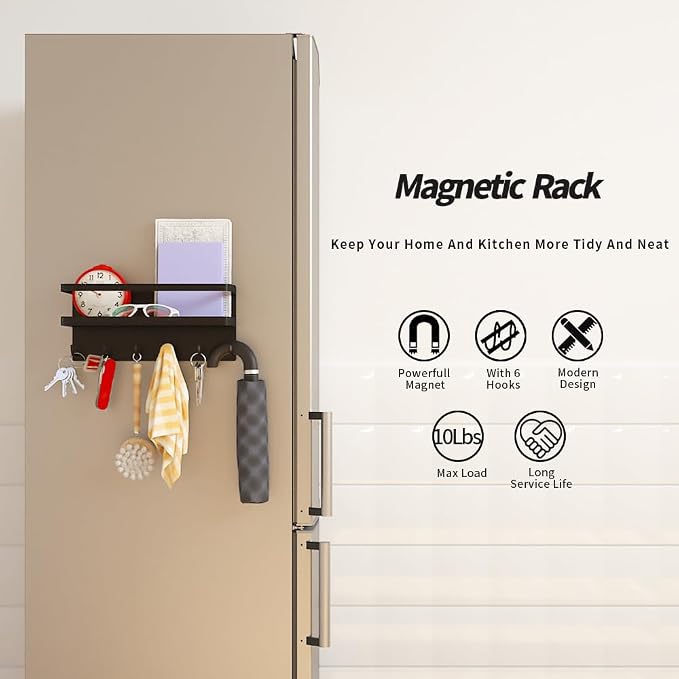 Magnetic Key Holder with Tray and Hooks, Steel Shelf for Keys, Letters, Coats, Office or Kitchen Use (Black, Medium)
