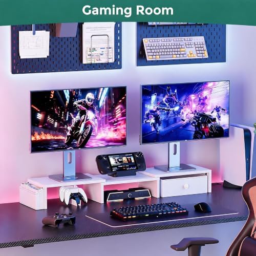 Dual Monitor Stand Riser, Adjustable Length & Swivel Angle Monitor Stand, Ergonomic Monitor Stand with Drawer & Side Poc
