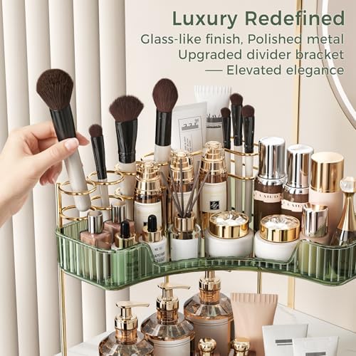 BEFSOP Corner Bathroom Counter Organizer, Upgraded 2-Tier Makeup Organizer Countertop with Makeup Brush Holder, Skincare