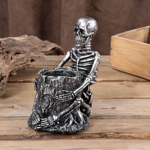 Arola Skull Pen Pencil Holder Skeleton Key Holder Makeup Brush Holder Home Office Desk Supplies Organizer Accessory（Silver-Plated）