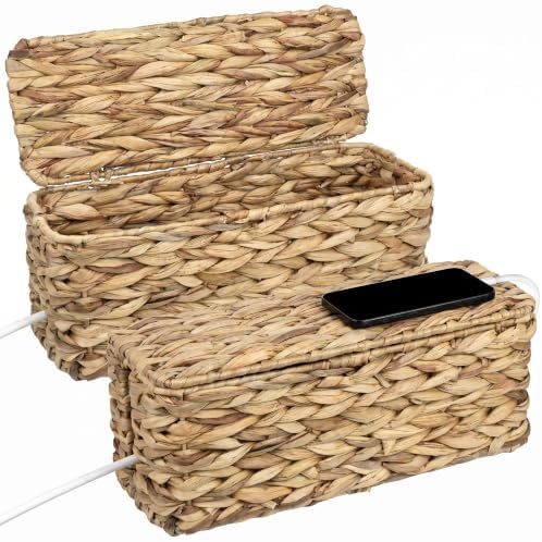 2 Pack Handwoven Cable Management Box with Lid, Decorative Cord Organizer for Power Strips, Chargers, TV Wires, Desk, Ho