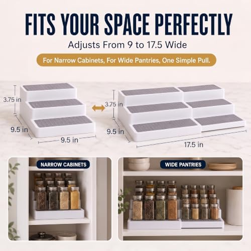 Oizeir 3-Tier Expandable Spice Rack Organizer for Cabinet, White/Grey