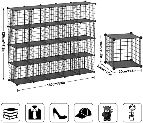 Wire Cube Storage Organizer, 20-Cube Metal Storage Shelves Bookshelf, Stackable Modular Closet Organizer for Bedroom Liv