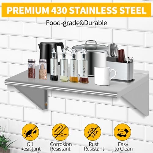 14" D x 24" W Stainless Steel Wall Mounted Shelves, Floating Shelving with Brackets, Commercial Shelf Perfect for Restau