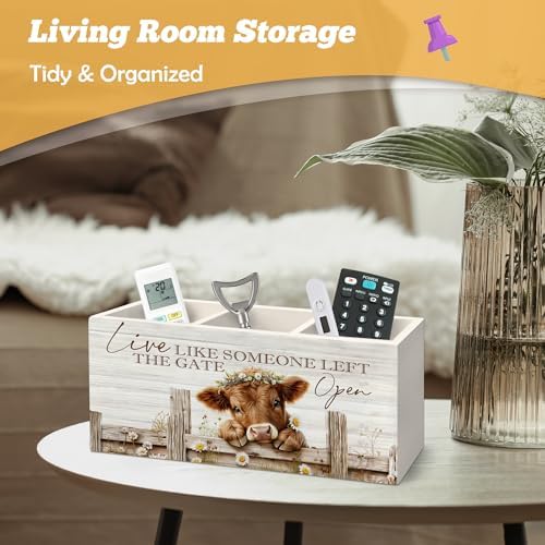 Inspirational Highland Cow Pen Holder Organizer for Desk Accessories, Live Like Someone Left the Gate Open Wooden Box Sign Desk Decorations for Home Bedroom Office Decor, Highland Cow Gifts