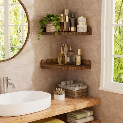 QsQueen Floating Shelves for Wall, 8.86 Inch Corner Scalloped Paulownia
