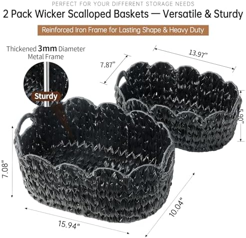 Coeusy Wicker Scalloped Basket Set of 2,Woven Storage Baskets for Shelves,Closet,Laundry,Gift,Towels,Books,Toys,Waterpro