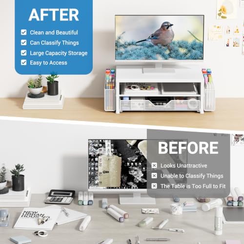 OPNICE Desk Organizers and Accessories, Computer Monitor Stand Riser with Drawer and 2 Pen Holders, Printer & Laptop Sta
