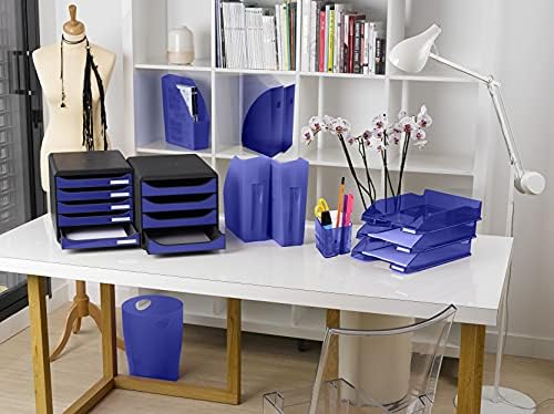 Exacompta - Ref 310703D - BIG-BOX Desktop Drawer Set - 4 x 55mm Drawers, Suitable for A4+ Documents, 347 x 278 x 267mm, 100% Recycled Plastic - Black/Royal Blue