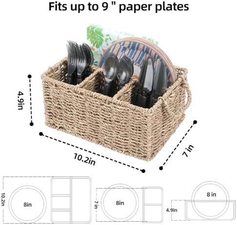 Wicker Party Silverware Caddy, Seagrass Plastic Cutlery Utensil Holder, Hand Woven with Handles, Kitchen Countertop and 