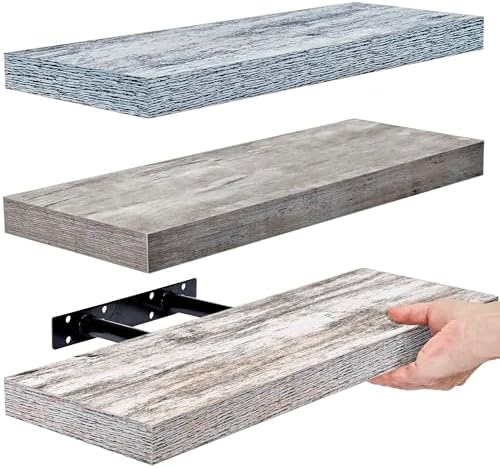 Sorbus 16 Inch Wood Floating Shelves for Wall (3 Pack, Grey/Blue/Rustic)