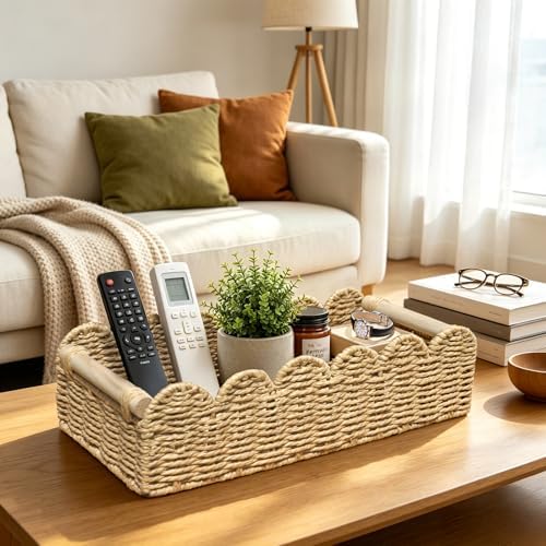 Scalloped Wicker Toilet Paper Storage Basket, Home Decor Baskets,Paper Rope Small Basket,for Over Toilet Storage Shelf, 