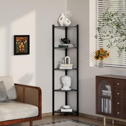 Wisuce Bamboo Tall Corner Shelf Stand, 5-Tier Black Corner Bookshelf