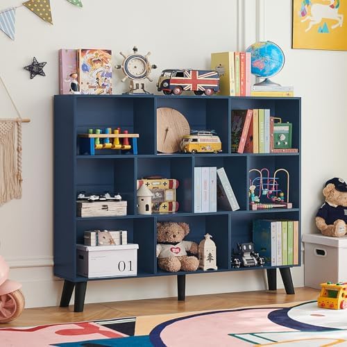 LEYAOYAO 10 Cube Bookshelf,Mid-Century Modern Bookcase with Legs,Dark Blue